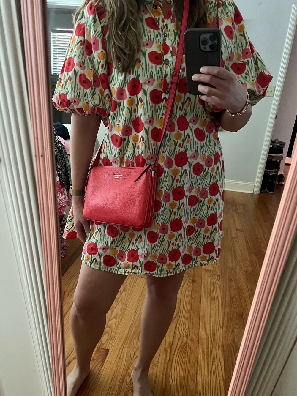 entro Red & Pink Poppy Floral Puff-Sleeve Cotton Mini Dress LG cottagecore